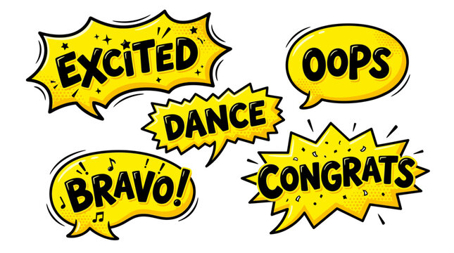 comic speech bubbles with excited and congratulatory words