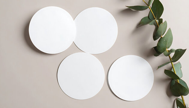Blank circular paper coasters mockup with eucalyptus branch on neutral surface
