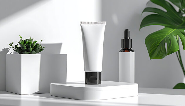 Blank cosmetic cream tube and dropper bottle mockup with plant decor for skincare branding
