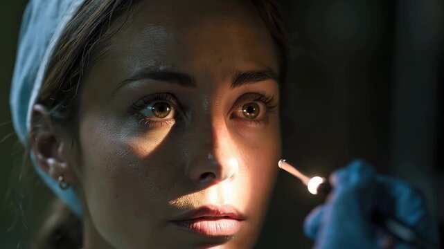 Emergency nurse checks patient pupils in hospital setting during night shift for signs of neurological issues and eye response to light stimulus