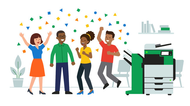 Diverse team celebrates success with confetti and copier in modern office