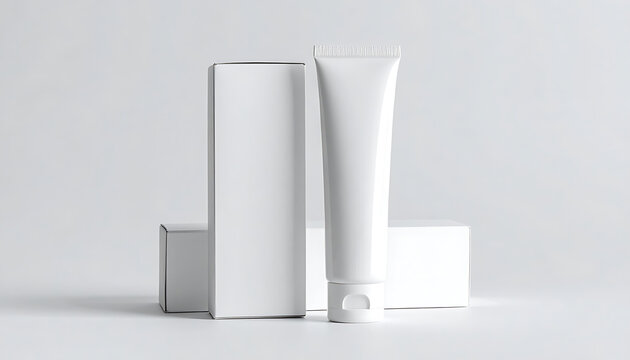 Blank cosmetic cream tube with paper packaging box for branding, skincare product mockup, beauty and wellness industry, container presentation