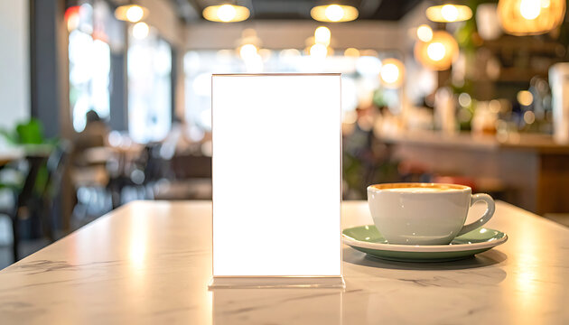 Blank vertical acrylic table sign mockup on marble cafe table with coffee cup, marketing display, restaurant menu