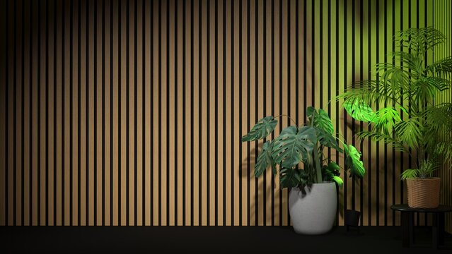 Modern studio background with wooden slat wall and monstera plant - Cam 3 - 3D rendering