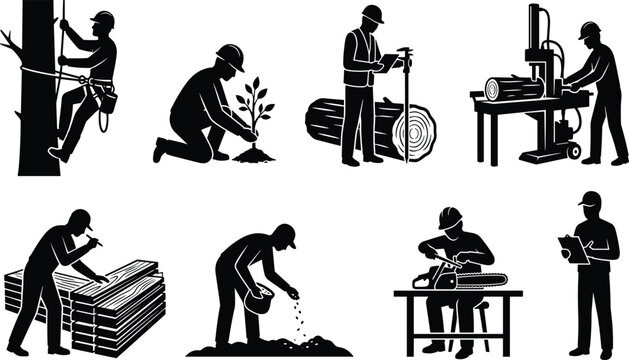 Forestry and timber industry worker silhouettes set featuring tree planting logging lumberjack tasks sawmill operations and forest managementWeb