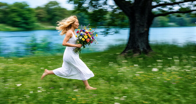 Donna bionda in abito bianco con mazzo di fiori che corre in un prato fiorito, fuoco sul soggetto con sfondo di vegetazione con effetto movimento