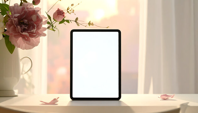 Blank digital tablet screen mockup on a table with a flower bouquet for lifestyle presentations