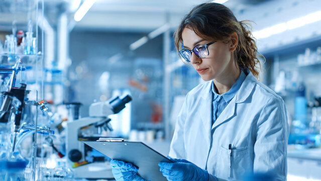 Professional female scientist performing an inspection in a modern laboratory, holding a clipboard while reviewing sample tests, medical research data, and laboratory procedures.