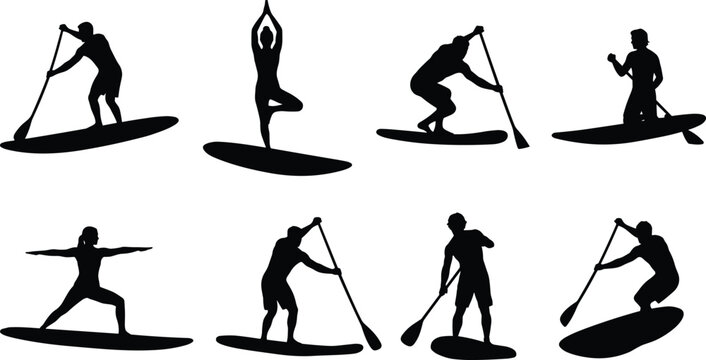 Black silhouettes of people stand up paddleboarding and practicing sup yoga isolated on white background.