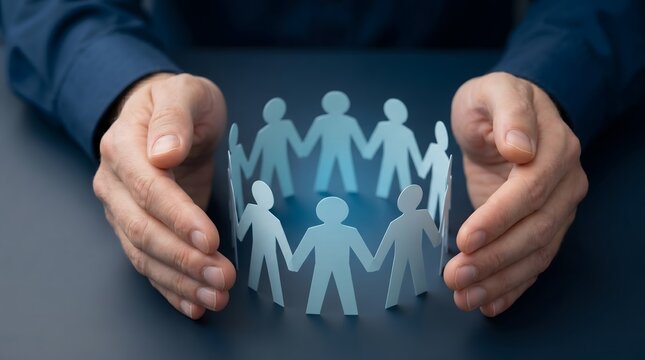 Insurance, people and protection with hands for community, support and corporate care. Teamwork, unity and safety with diversity, paper cutouts and group work for health, social and human rights