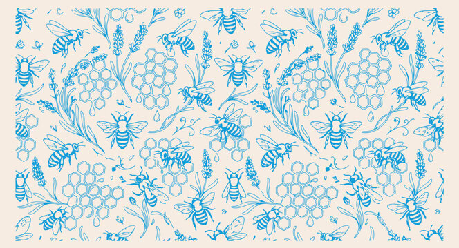 Honey bee nature pattern, floral garden meadow wallpaper, organic beekeeping background, seamless hive insects print, summer pollination art, wild flower illustration, eco friendly design, natural hon
