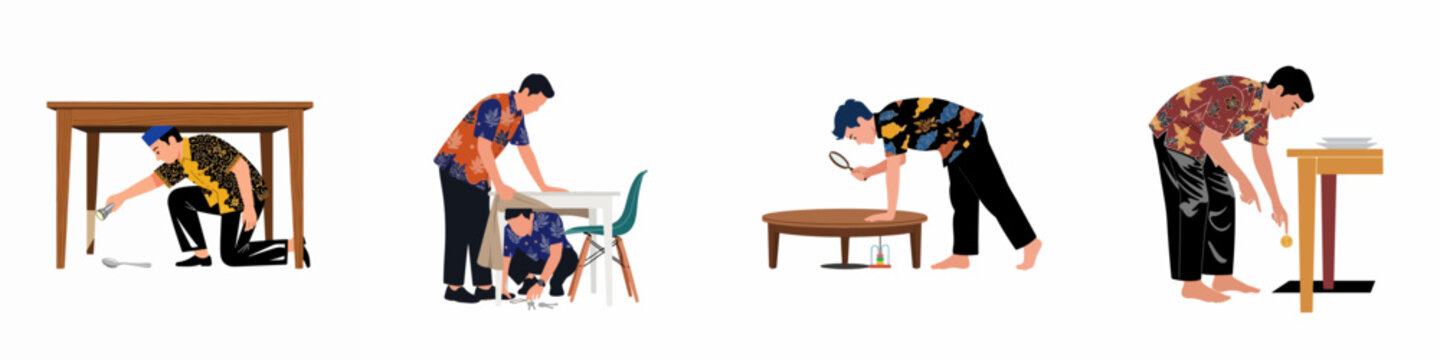 Vector illustration set of Indonesian men in batik shirts searching for various lost objects under tables isolated on a white background