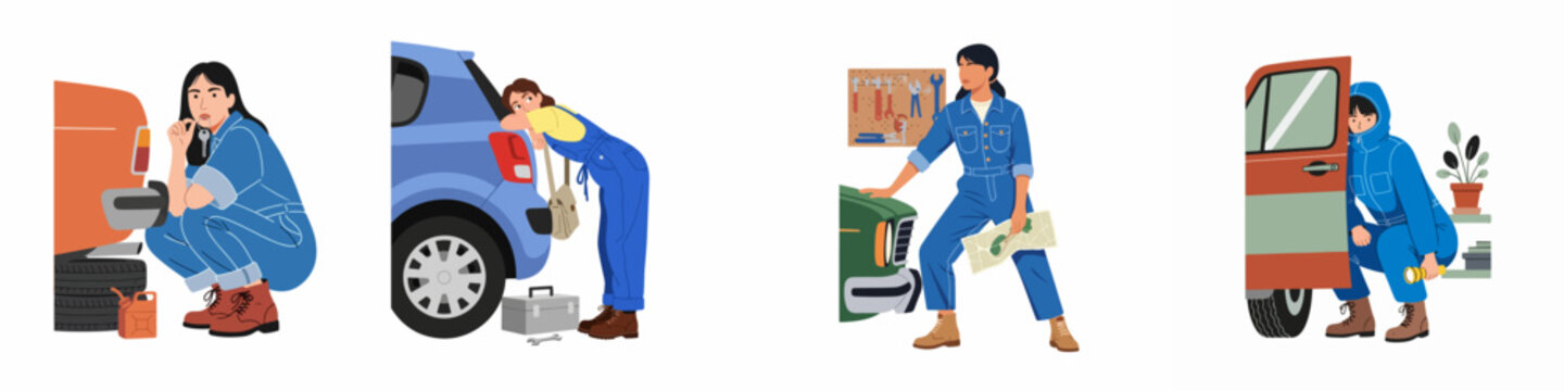 Collection of illustrations featuring professional female auto mechanics in blue overalls repairing and inspecting various vehicles in a workshop setting.
