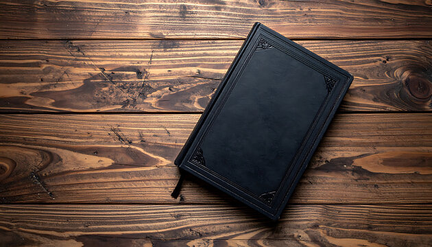 Black leather notebook on rustic wooden background, vintage diary or journal with textured cover, dark aesthetic, moody atmosphere
