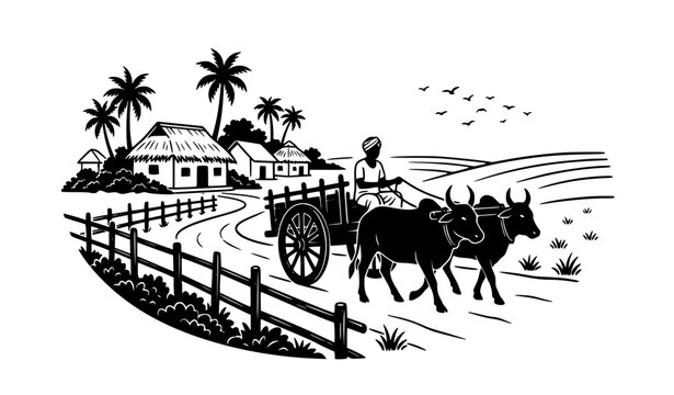 Black and White Bullock Cart Silhouette Village Scene Vector Illustration