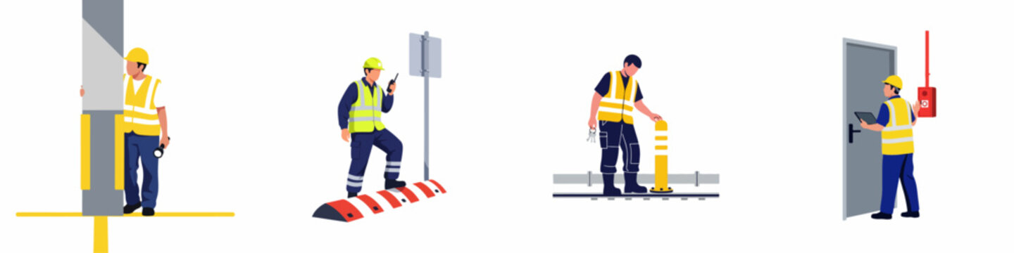 Set of industrial workers and security guards in high-visibility vests and safety gear performing various maintenance and inspection tasks.