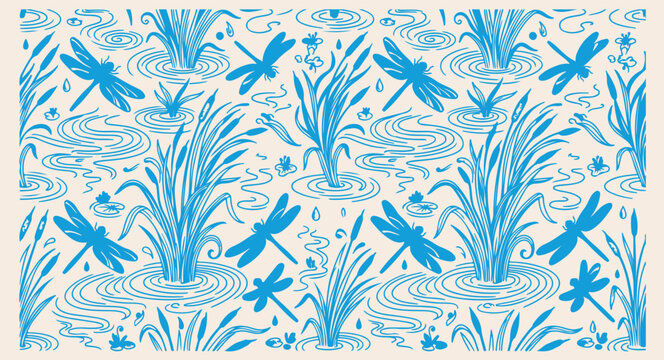 dragonfly pond nature pattern, blue water insect background, hand drawn pond life, dragonfly garden sketch print, serenity nature doodle texture, summer river wildlife illustration, tranquil aquatic h