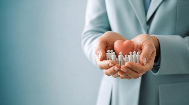 Insurance, heart and family in hands for health, protection and support. Life coverage, medical security and employee wellness for professional services, care and welfare with copy space for ads