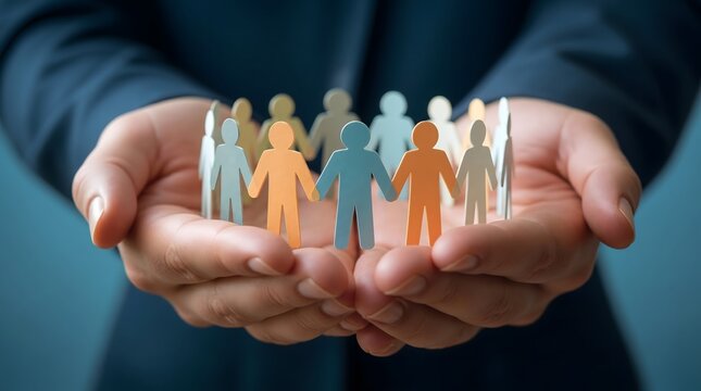 Teamwork, business people and hands holding paper figures for support, unity and collaboration. Management, human resources and diversity with partnership, community and corporate protection culture