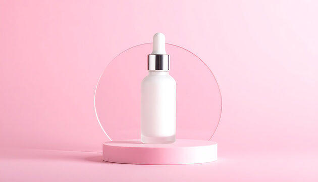 Blank frosted glass serum dropper bottle on pink pedestal, skincare product mock up