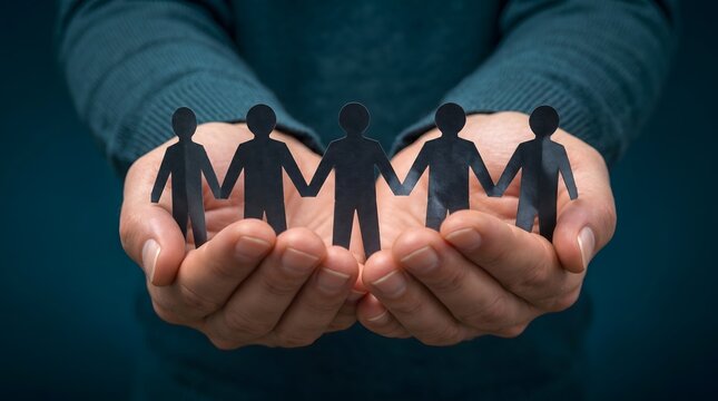 Teamwork, hands and paper people for community support, diversity and hr recruitment. Human resources, insurance and leadership with protection, group and partnership for social business success