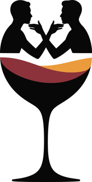 Silhouette of two people talking in wine glass bowl on white background in minimalist style, EPS vector graphic illustration