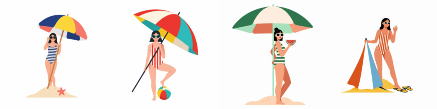 Set of flat illustrations featuring women in striped swimsuits with colorful beach umbrellas, beach balls, and accessories for summer vacation concepts.
