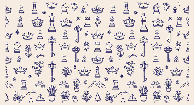 Chess strategy game pattern, king queen knight wallpaper, royal board game background, seamless sport tournament print, intellectual hobby strategy art, checkered competition illustration, victory pri