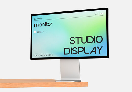 Monitor Display Screen Mockup on Wooden Desk