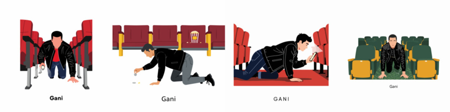 Flat illustration set of a man crawling on the movie theater floor searching for lost items such as coins, glasses, and his smartphone.