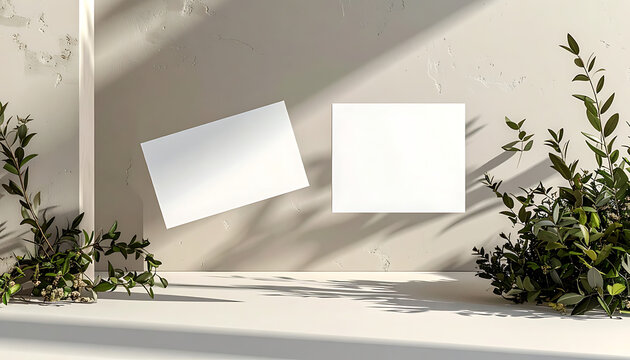 Blank horizontal photo frame mockups on textured wall with leaf shadows, organic interior design, presentation template
