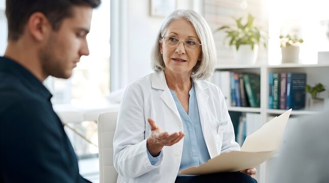 Mature female doctor with white hair explains medical results to a young male patient during a professional office consultation session