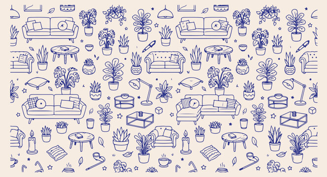 Home interior furniture, cozy living pattern, modern house wallpaper, domestic comfort background, seamless furniture print, room decor art, armchair sofa illustration, lifestyle home design
home, int