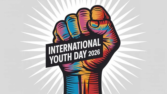 Vibrant graphic illustration featuring a raised fist symbolizing empowerment and unity for the upcoming international youth day celebration in 2026