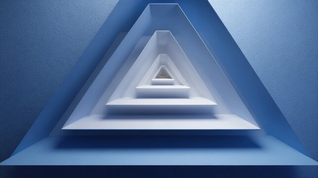 An abstract blue geometric formation featuring layered triangular shapes receding into the distance, creating a sense of depth and modern design