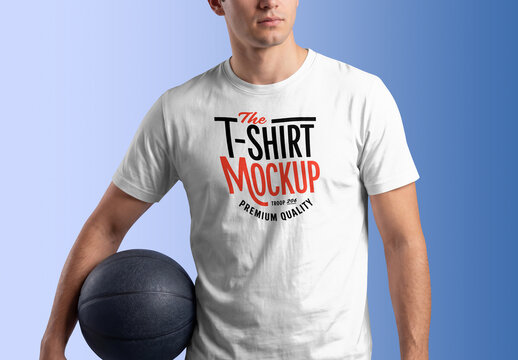 T-Shirt Mockup with Male Model Holding Basketball