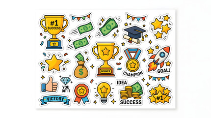 Fototapeta premium Set of Success Icons: A vibrant collection of cartoon-style icons representing success, achievement, and celebration, perfect for motivational content and awards.