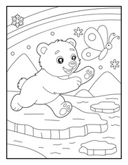 Adorable Polar Bear Cub Playing with Butterfly Coloring Book Page for Children. Printable Arctic Wildlife Activity Sheet. Simple Black and White Illustration © laky