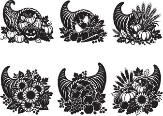 Obraz premium Halloween cornucopia icons, black floral harvest illustrations, autumn decorative elements, 6 seasonal vector graphics