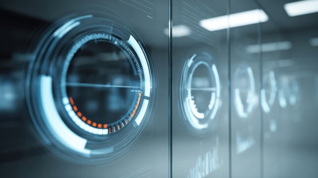 A futuristic, digital interface with glowing blue circular graphs and data displays. The technology looks sleek and modern, suggesting innovation and advanced systems