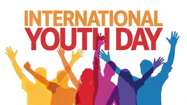 Colorful silhouettes of diverse young people raising their hands in celebration for the global international youth day graphic design poster