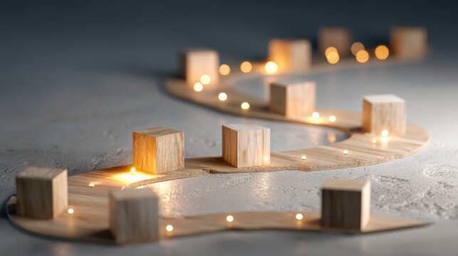 A winding path of wooden blocks illuminated by soft, warm fairy lights, creating a cozy and serene atmosphere