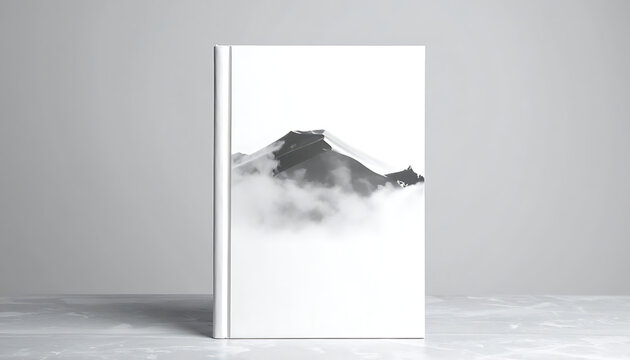 Blank notebook with mountain and cloud illustration cover standing on textured desk