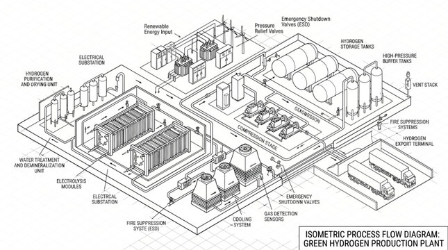 An isometric process flow diagram illustrates a green hydrogen production plant with various industrial equipment and infrastructure.