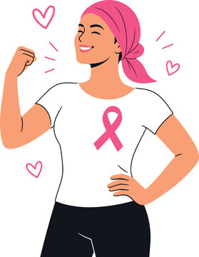 Breast Cancer Awareness Survivor Woman Flexing Arm Pink Ribbon