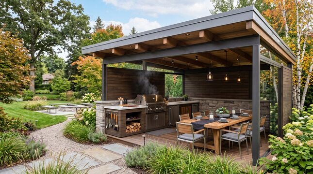 Modern outdoor kitchen and dining pavilion in a lush backyard garden