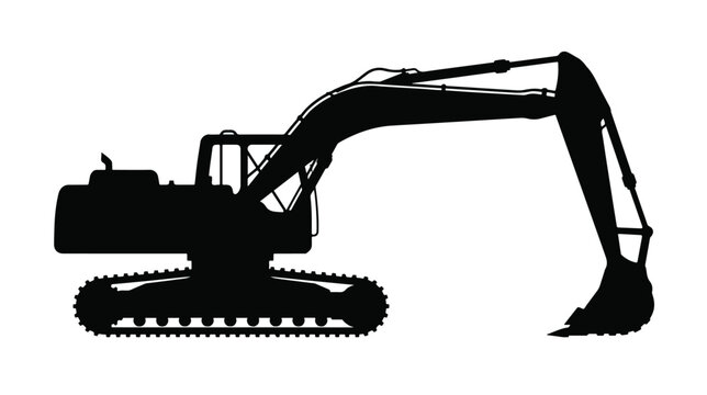Heavy excavator silhouette vector, industrial construction machinery on tracks, earthmoving equipment for civil engineering and building site projects