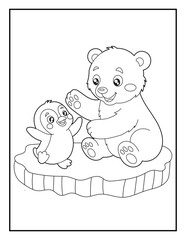 Happy Polar Bear Cub Playing with Penguin Coloring Sheet for Children. Printable Arctic Coloring Book Page. Simple Cartoon Illustration © laky