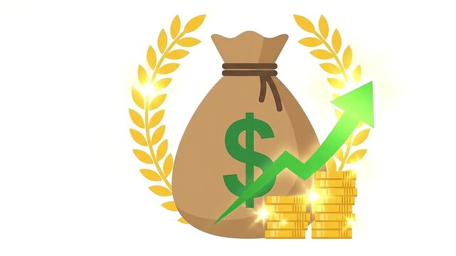 Financial growth and investment success concept with money bag, rising green arrow, and golden coins on white background Videos