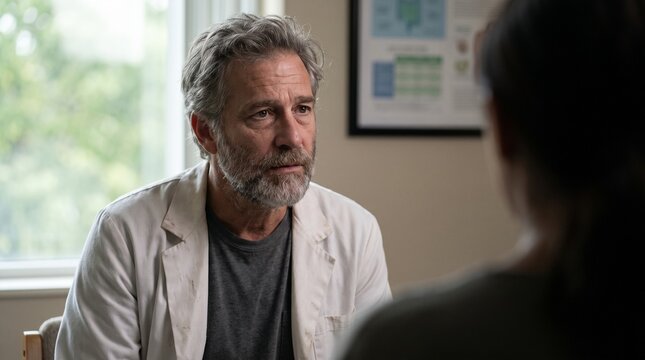 A doctor discusses hormone treatment with a middle-aged man in a bright clinic, medical charts on the wall, serious mood, soft daylight, conversational composition.
